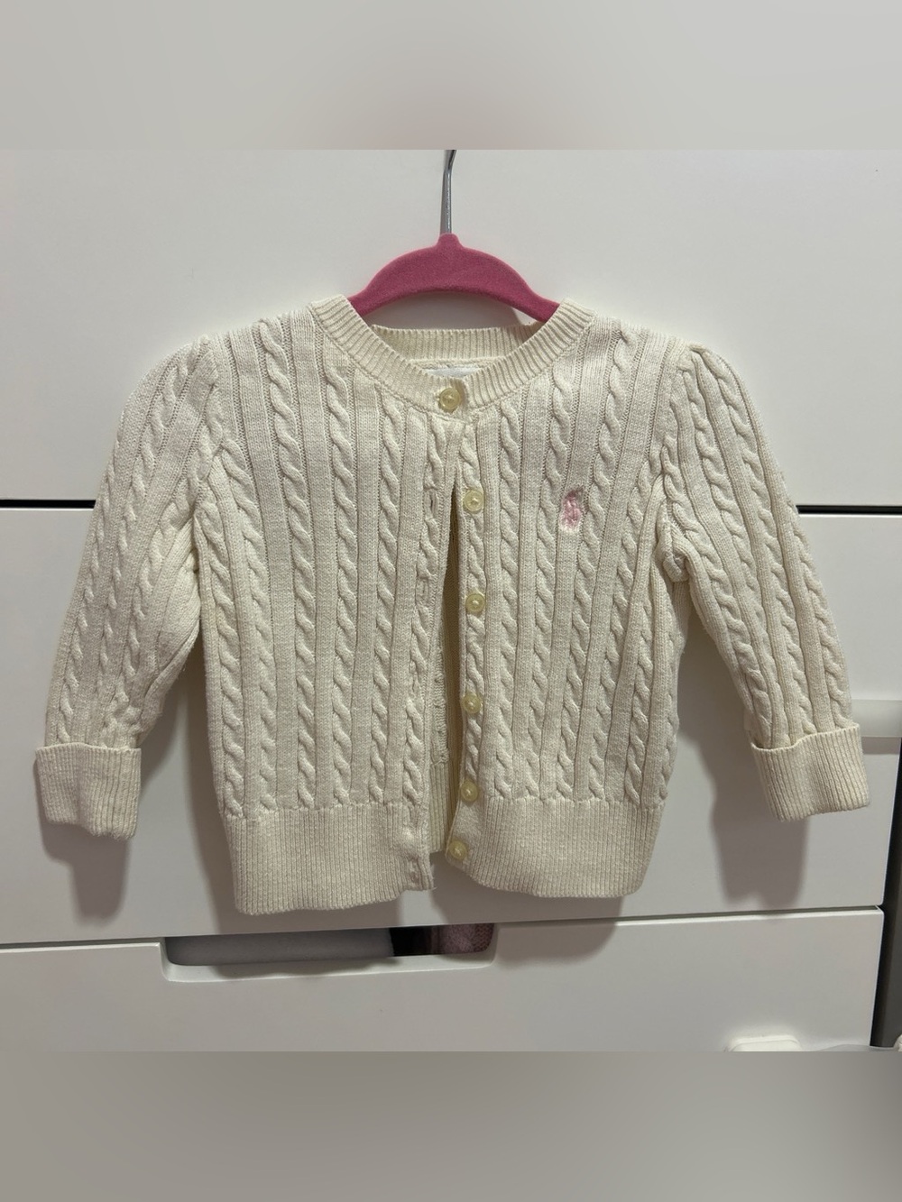 Ralph Lauren Cream Cable-Knit Cardigan with Pink Pony size 9M
